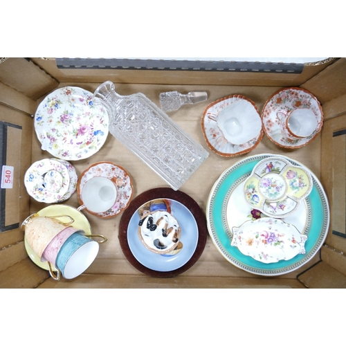 540 - A mixed collection of items to include decorative wall plate, Royal Albert cups and saucers, glass d... 