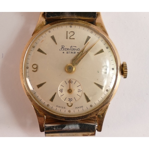 669 - Bentima Star 1960's mens 9ct gold hallmarked wrist watch, and non gold expanding bracelet.  Diameter... 