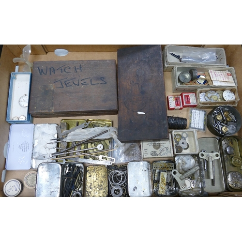 687 - A collection of watch parts to include faces, keys, hands, wheels, springs, straps, jewels, old plat... 