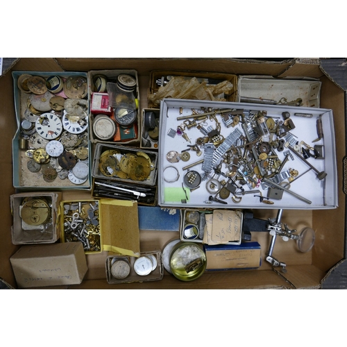 687 - A collection of watch parts to include faces, keys, hands, wheels, springs, straps, jewels, old plat... 