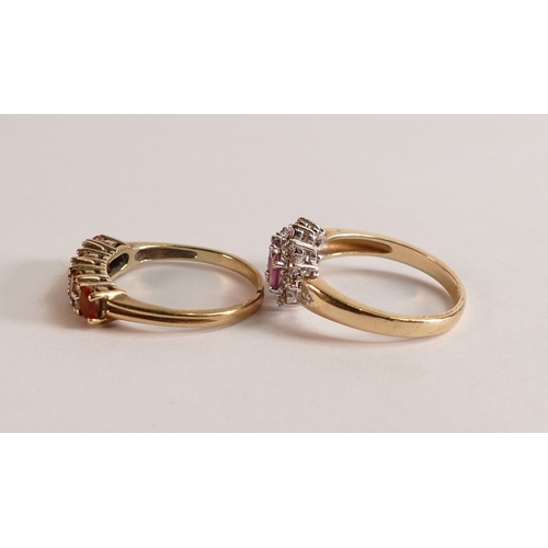 720 - Two 9ct gold ladies dress rings, one set with orange & white stones, ring cut,size M and the other s... 