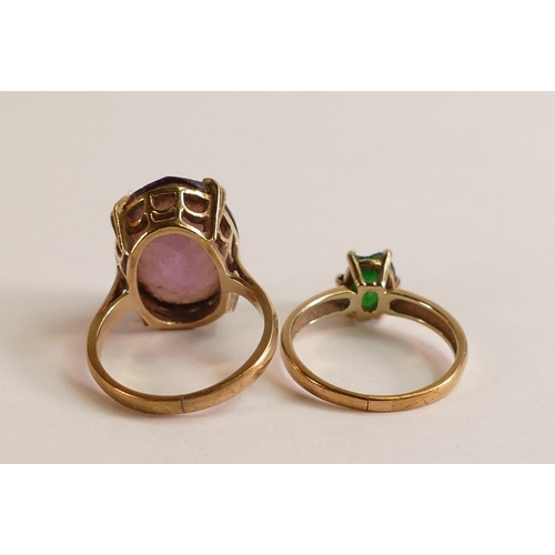 721 - Two 9ct gold ladies dress rings, one set with oval green stone,size L and the other set with oval pu... 