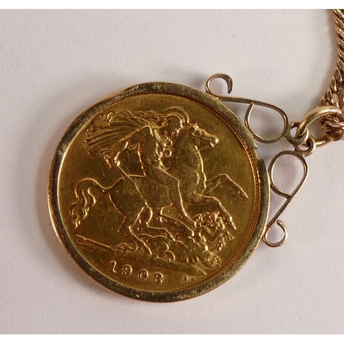 733 - Half Sovereign dated 1908, with 9ct mount and necklace, 12.2g.