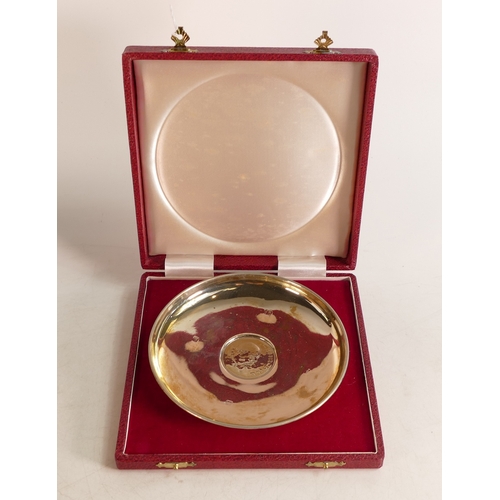 737 - Cased London hallmarked silver dish with a 1965 Churchill crown added to the base.  Gross weight 118... 