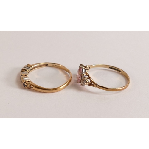 744 - Two ladies 9ct gold dress rings, one set with pink stones, size Q and the other with blue sapphires,... 