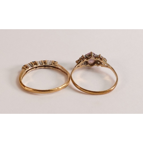 744 - Two ladies 9ct gold dress rings, one set with pink stones, size Q and the other with blue sapphires,... 