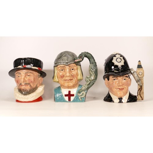 278 - Royal Doulton Large Character Jugs Beefeater D6206, Sait George D6618 & The London Bobby D6674(3)