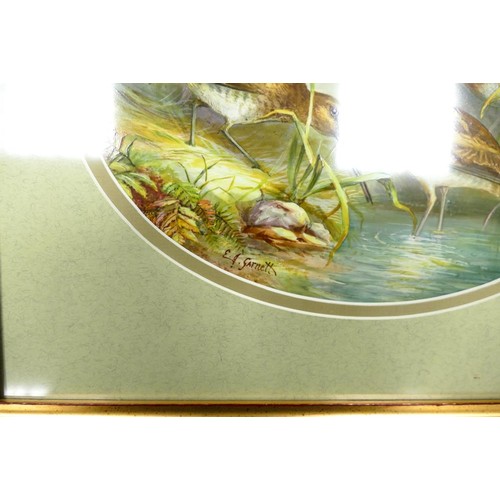 302 - Two hand painted oval porcelain plaques decorated by E J Garnett. Frame size 33.5cm x 39.5cm