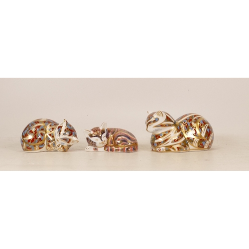 272 - Royal Crown Derby Paperweights Contented Cat, Contented Kitten and Sleeping Imari Kitten, gold stopp... 