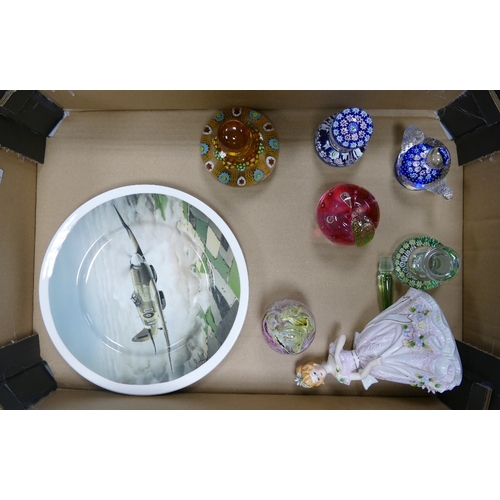 301 - A mixed collection of items to include Caithness paperweight, glass scent bottle, Spitfire decorativ... 