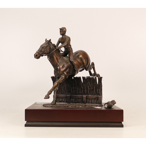 359 - R Cameron bronze figure of racehorse jumping fence (tail a/f)