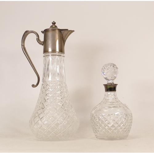 363 - Cut glass scent bottle with silver rim together with cut glass claret jug with metal handle and lid ... 