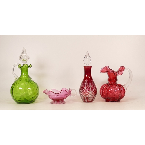 364 - Green glass decanter and stopper, Cranbury glass jug, Cranbury scent bottle and Cranbury handled gla... 