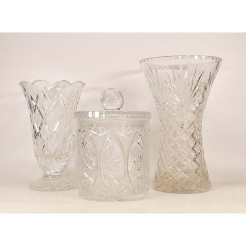 365 - Large heavy glass vase together with footed vase and glass storage jar (3)