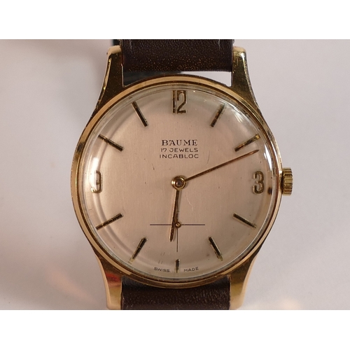 750 - BAUME 9ct gold hallmarked gents wrist watch, manual wind mechanism.  Wins, ticks, sets & runs, back ... 