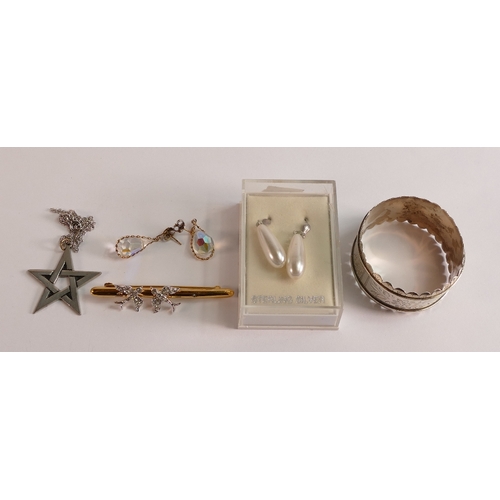 754 - Costume & silver jewellery including silver hallmarked napkin ring, cultured pearls bracelet with si... 