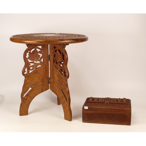 232 - Anglo Indian small tripod folding table with brass inlaid and floral carving together with carved so... 