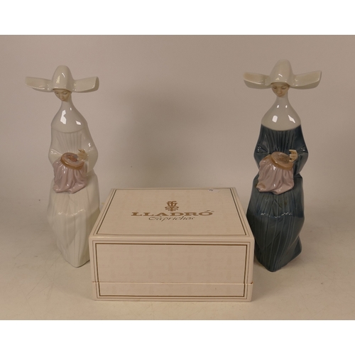 64 - Two Lladro figures Nun 5501 (one in white, one blue) together with boxed Lladro Caprichos (3)