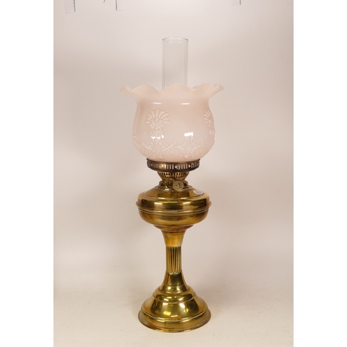 308 - Edwardian Brass Duplex Oil Lamp with Chimney and Moulded Milk Glass Shade. Height: 56cm