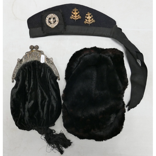 390 - The Boys Brigade hat with badges together with Ladies fur hat and purse