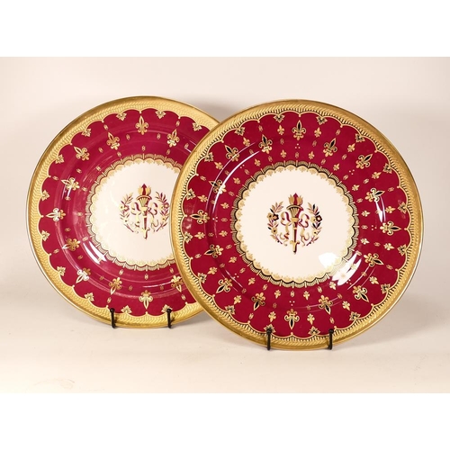 396 - Two Large De Lamerie Fine Bone China heavily gilded Fleur-de-lis patterned cabinet plates , speciall... 