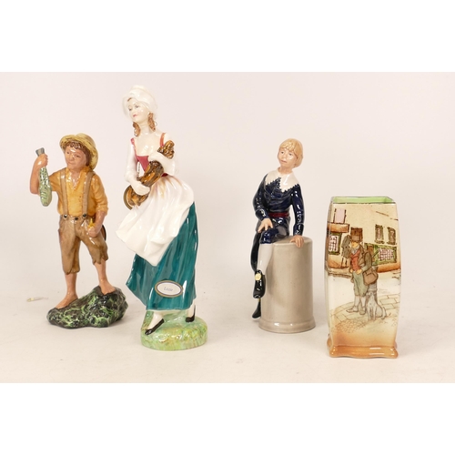 531 - Four Royal Doulton Figures and Vase to include Little Lord Fauntleroy HN2972, Huckleberry Finn HN292... 