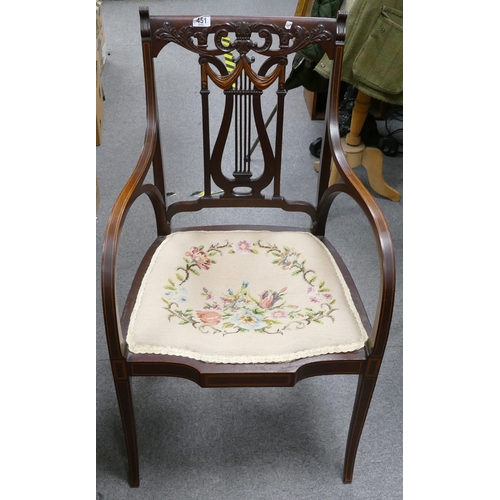 310H - Gilberts of Swindon, A Lyre Back Marquetry Inlaid Armchair, Two Tone Back with lighter wood applied ... 