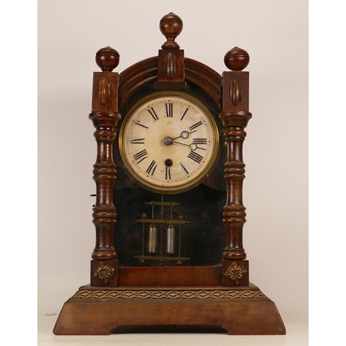 349 - 19th Century Carved Mantle Clock with turned wood pediment and columns. Arabic Numeral Paper Dial. H... 