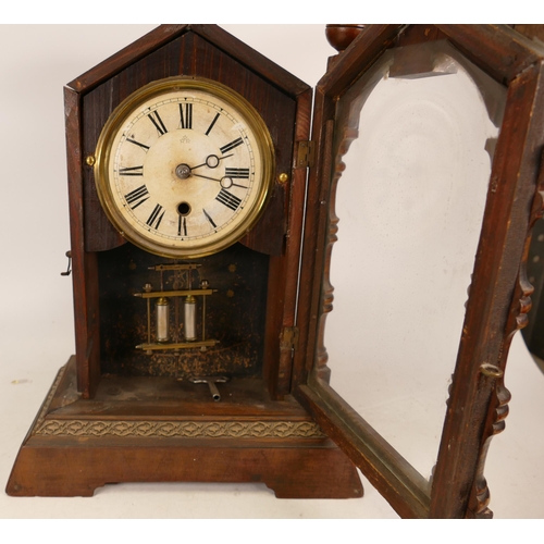 349 - 19th Century Carved Mantle Clock with turned wood pediment and columns. Arabic Numeral Paper Dial. H... 