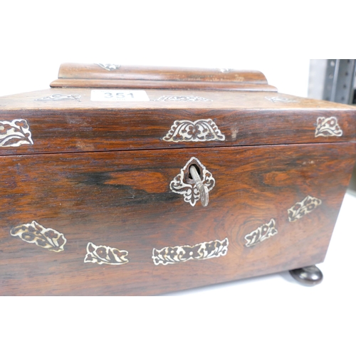 351 - A George IV Sarcophagus Tea Caddy with Mother of Pearl Scrollwork Inlay. Interior Lids have Initials... 