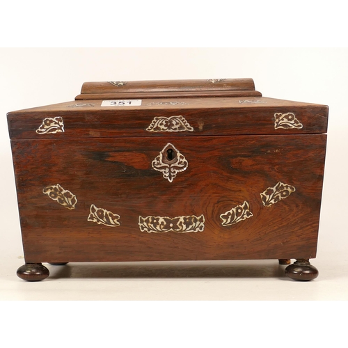 351 - A George IV Sarcophagus Tea Caddy with Mother of Pearl Scrollwork Inlay. Interior Lids have Initials... 