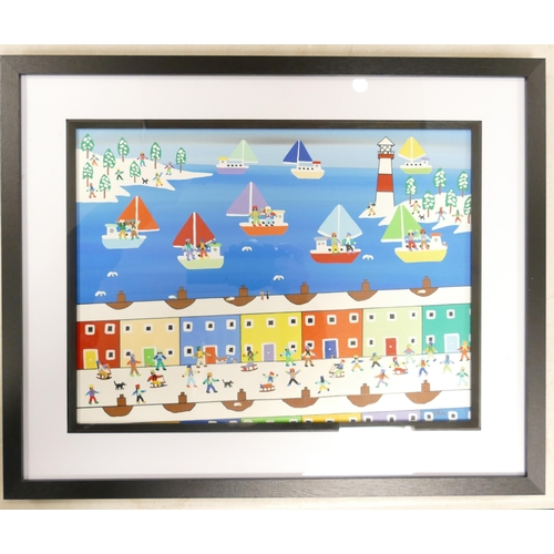 665A - Gordon Barker (English, 20th Century) A Winter Harbour Town Scene. Acrylic on Paper, Framed Behind G... 