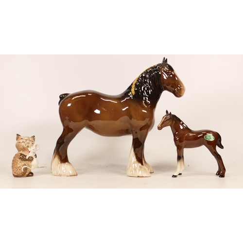 558 - Three Beswick Figures to include Shire Horse 818 in Brown together with Beswick Pony and Comical Cat... 