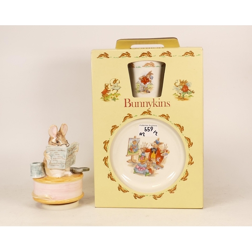 559 - A Royal Doulton Bunnykins 3 Piece Childrens Set with Box together with Schmid Beatrix Potter Musical... 