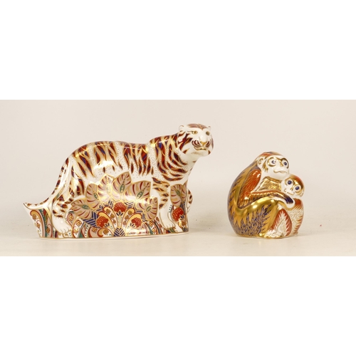 73 - Royal Crown Derby Bengal Tiger Paperweight with Silver Stopper together with Monkey and Baby also Si... 