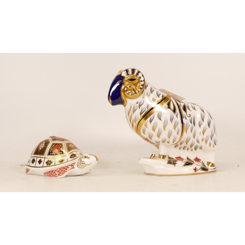 74 - Royal Crown Ram an Turtle Paperweights. Silver stoppers. (2)