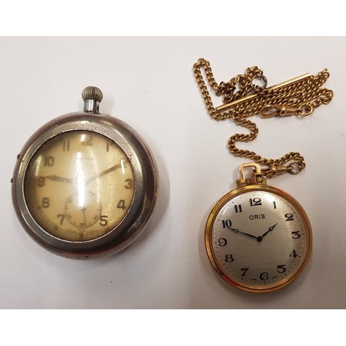 460 - An Oris mechanical gold tone pocket watch with chain, together with a CYMA military pocket watch (2)... 