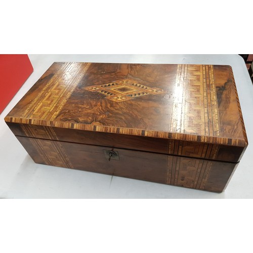 464 - Victorian inlaid burr walnut writing slope, 50cm x 27cm x 26cm, key present.