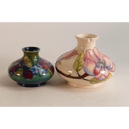 332 - Moorcroft Hibiscus squat vase (chip to top rim) together with Orchid squat vase, height of tallest