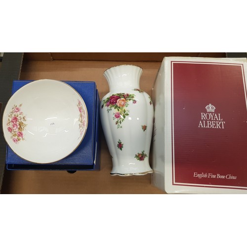 158 - Boxed Royal Albert Old Country Rose Patterned Vase & boxed Royal Doulton Floral Decorated Bowl, tall... 