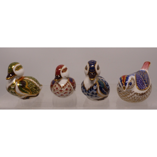 257 - Royal Crown Derby paperweights Swimming Duck, Blue Duck, Green Duck and Goldcrest, gold stopper (4)