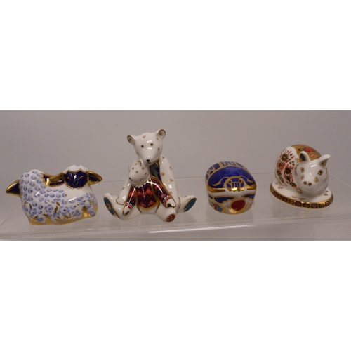 258 - Royal Crown Derby paperweights Millennium Bug, Piglet, Mum and Charlotte (no stopper) and a Pair of ... 