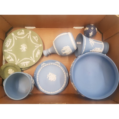 66 - A Collection of Wedgwood Blue and Sage Green Jasperware to include Blue Footed Bowl, Vases, Glenfidd... 