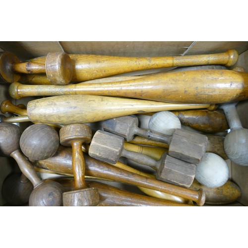 11 - A Collection of Vintage Wooden Dumbells and Exercise Batons (1 Tray)
