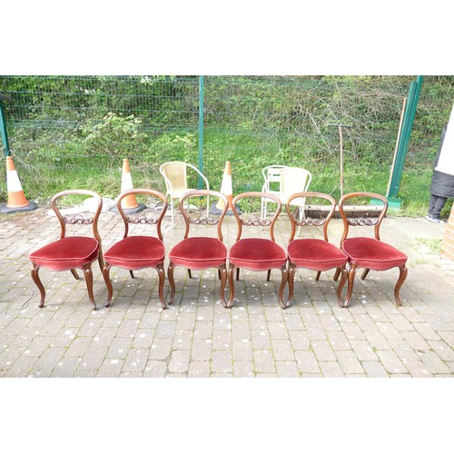 601 - A Set of Six Victorian Balloon Back Dining Chairs with Red Upholstery and Carved Rococo Back. Damage... 