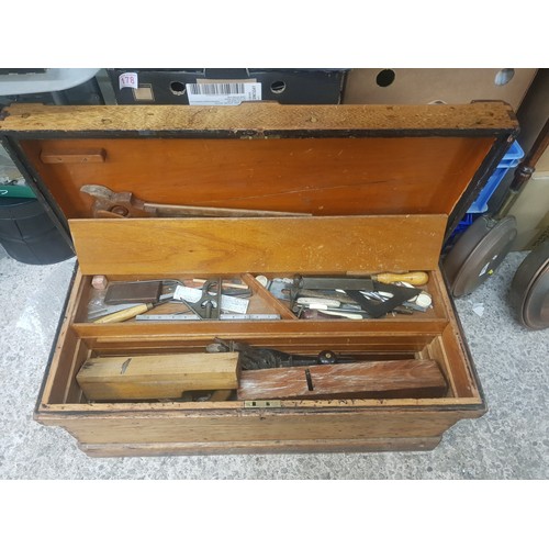 378 - 19th century wooden tool chest with good assortment of tools including Chisels, planes etc.