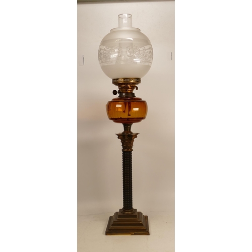 535 - A Victorian Duplex Oil Lamp. Square Based with Carved Wood Column terminating in a Corinthian Column... 