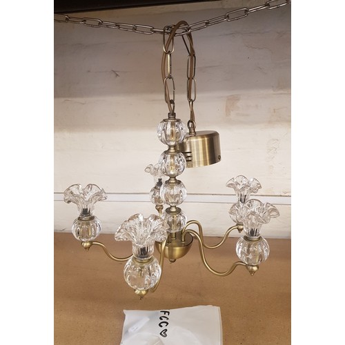 587 - Modern 5 branch crystal and brass ceiling light, (Being sold to raise funds for Ukrainian charities)... 