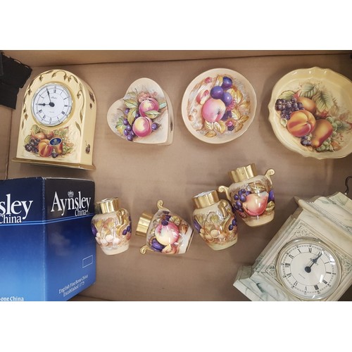 599 - Aynsley Orchard Gold pattern items to include mantle clock, trinket box, 4 x small vases, pin dishes... 