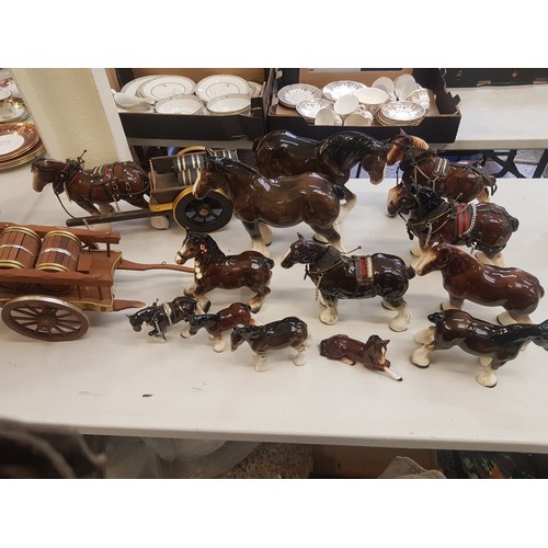 610 - A Large collection of Melba style shire horses together with two carts (1 a/f)